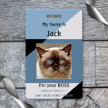 Crachá Animal Shelter Funny Cat Name Badge<br><div class="desc">Name badge featuring your own custom photo or logo and texts on a geometric design blue and black background</div>