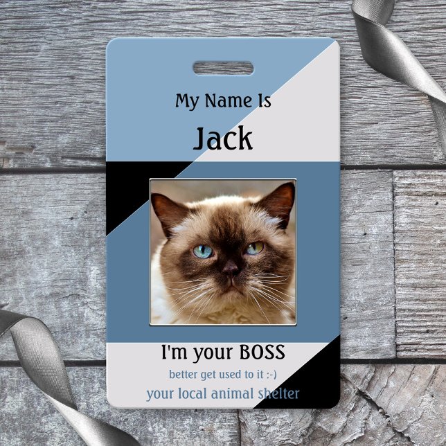 Crachá Animal Shelter Funny Cat Name Badge (Funny cat name badge featuring your own photo and/or logo on a blue and black geometric design )