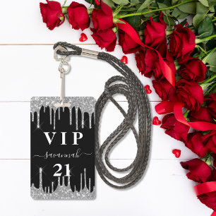 Crachá Aniversário, brilho de prata preta pingou convite 