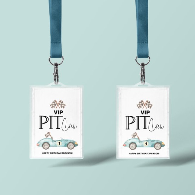 Crachá Aniversário com carro de corrida Azul, qualquer id (VIP Pit crew race car passes)