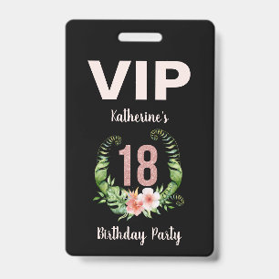 Crachá aniversário de 18 anos floral preto VIP