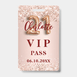 Crachá aniversário de 21 anos rosa dourado vip party pass