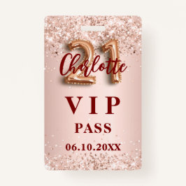Crachá aniversário de 21 anos rosa dourado vip party pass