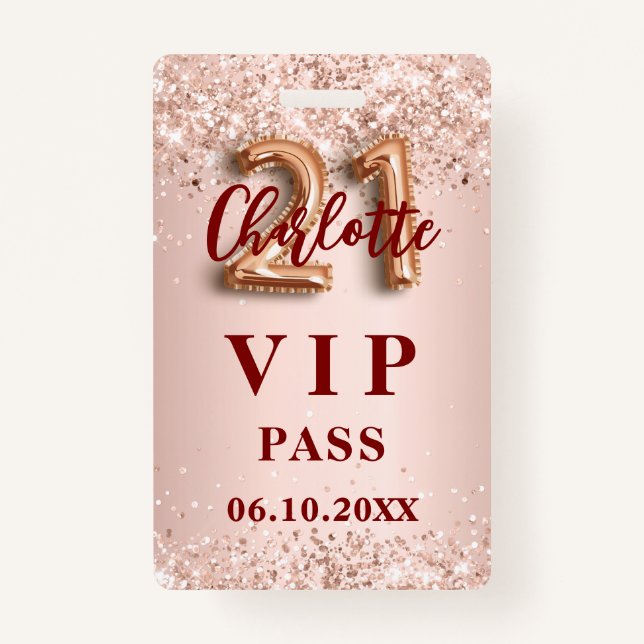 Crachá aniversário de 21 anos rosa dourado vip party pass (Frente)