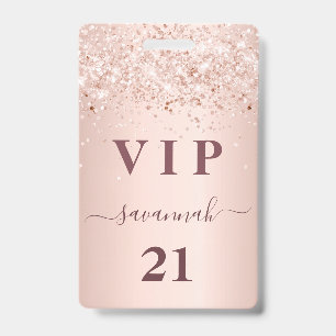 Crachá Aniversário rosa dourado blush rosa nome vip