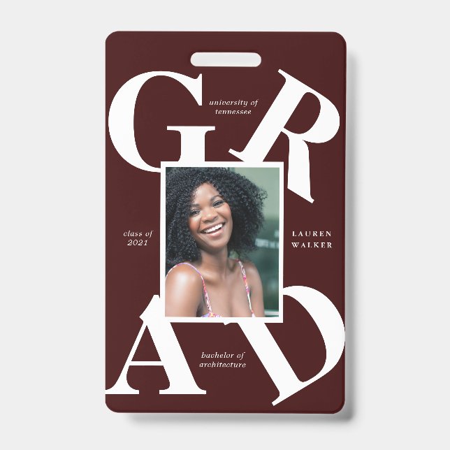 Crachá anúncio de graduação cores da escola script negrit (Frente)