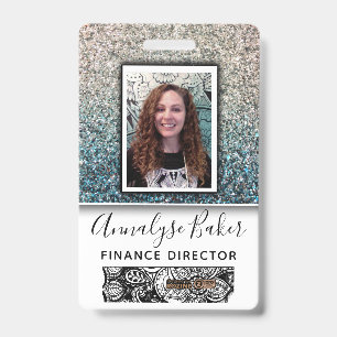 Crachá Aqua Azul Prata Gliter Nome Foto Enfermeira Funcio