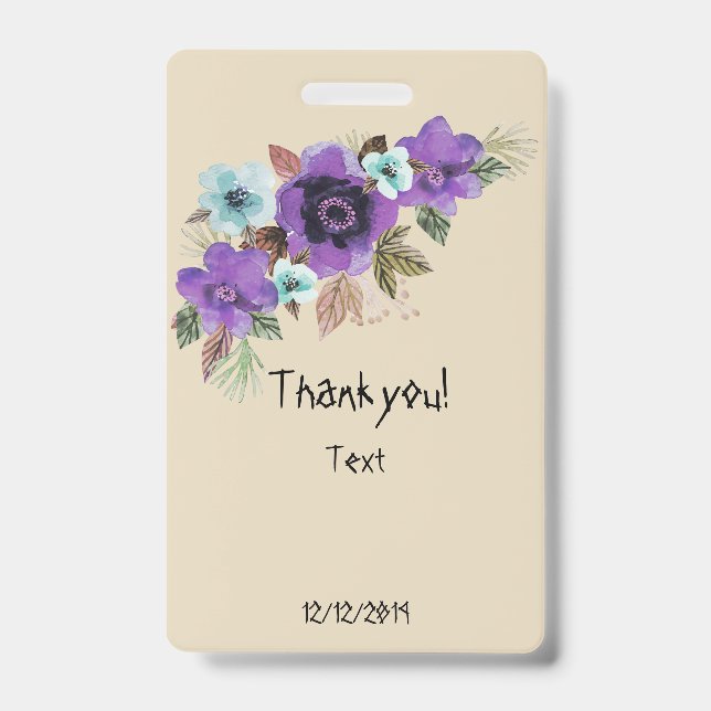 Crachá Aquarela belas flores mármore romântico elega (Frente)