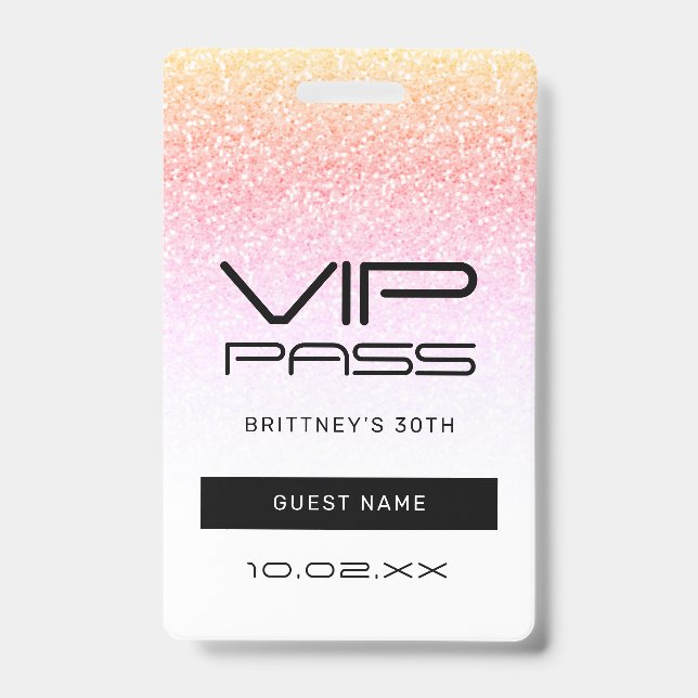 Crachá Arco-Íris Glitter Glam VIP Pass 30 Convite (Frente)