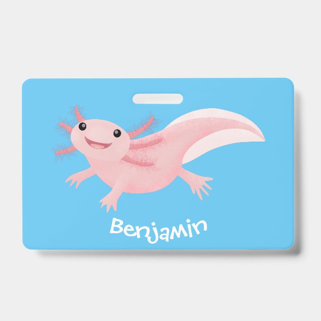 Crachá Axolotl rosa fofo feliz (Frente)