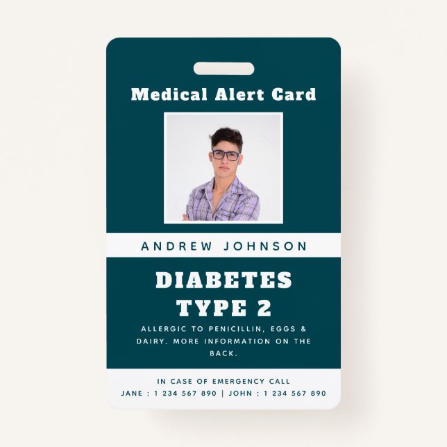 Crachá Azul Alerta Médico Emergência Nome Foto Adulto B (Frente)