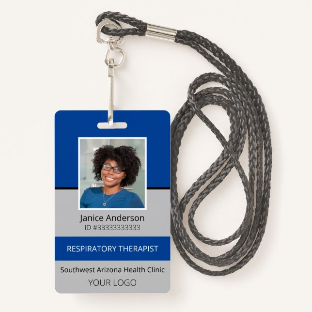 Crachá Azul de foto profissional e segurança do funcionár (Frente com cordão)