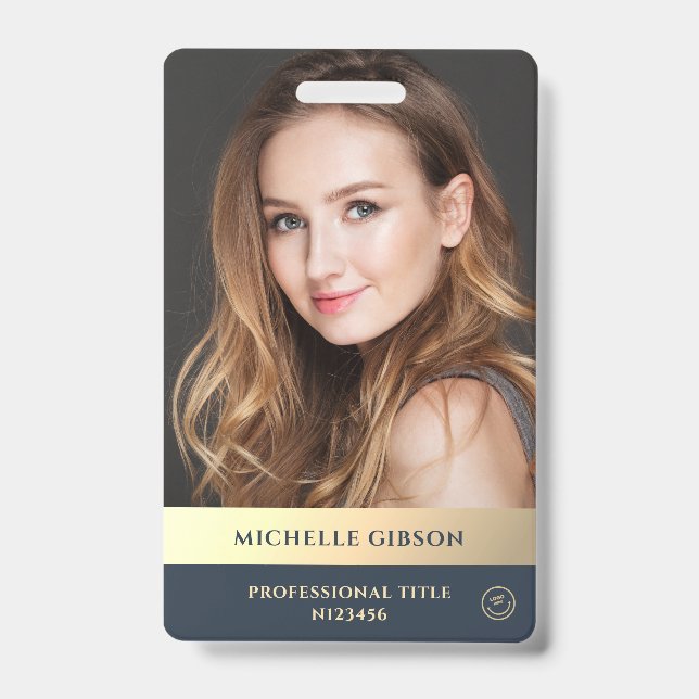 Crachá Azul de luxo profissional Elegante moderno, Dourad (Frente)