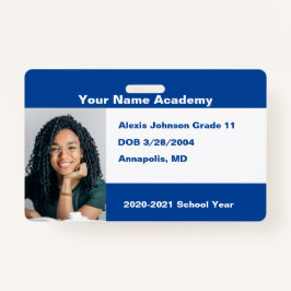 Crachá Azul Faça você mesmo Foto personalizada da escola