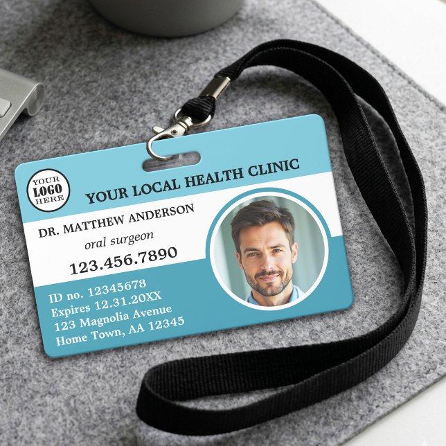 Crachá Azul Turquesa Profissional Azul Médico (Turquoise teal blue professional medical ID badge)