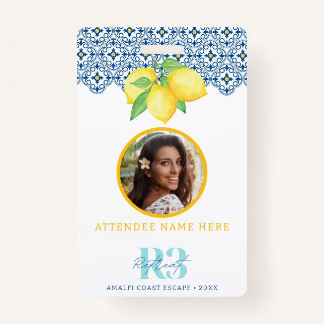 Crachá Azulejo Mediterrâneo Limão Aquarela Logotipo Foto  (Frente)