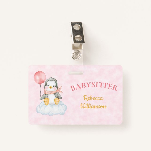 Crachá Babysitter Cute Penguin Business Nome de etiqueta (Frente com Clipe)