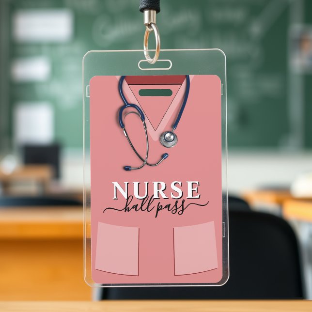 Crachá Bata Rosa de Enfermeira com Estetoscópio Passagem  (Nurse Scrubs Pink Shirt Stethoscope Hall Pass Badge
)