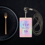 Crachá Birthday party rainbow glitter name VIP invitation<br><div class="desc">For a Sweet 16,  16th (or any age) birthday party. A trendy holographic background in rainbow pastel colors in pink,  purple,  rose gold,  mint green. Decorated with faux glitter drips,  paint dripping look.  Personalize and add a name and age 16.  Purple colored letters. 
Back: your party details.</div>