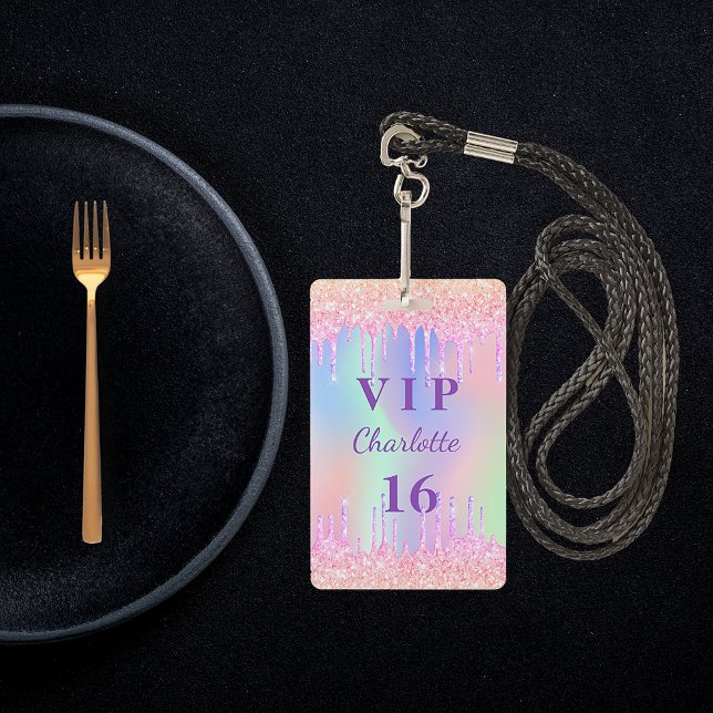 Crachá Birthday party rainbow glitter name VIP invitation (Criador carregado)