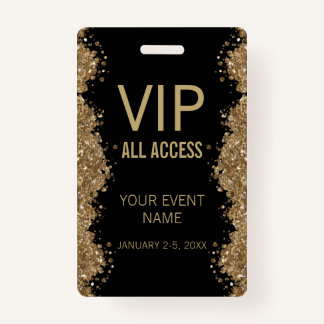 Crachá Black Gold Glitter Event VIP All Access Pass ID 