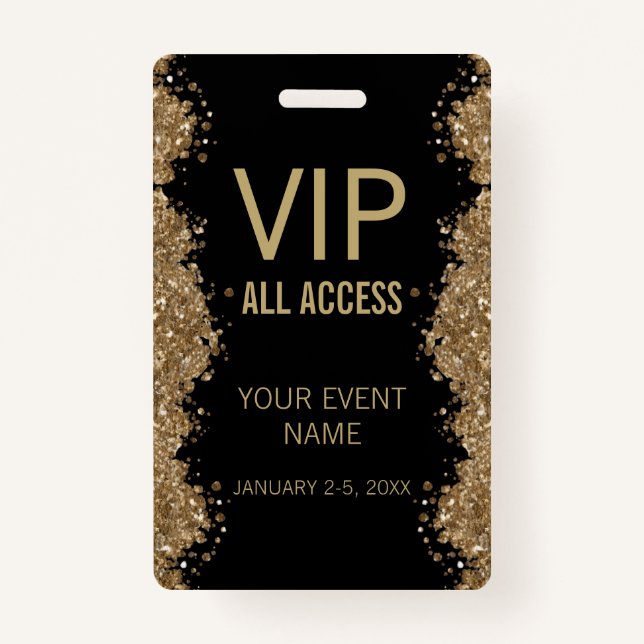 Crachá Black Gold Glitter Event VIP All Access Pass ID  (Frente)