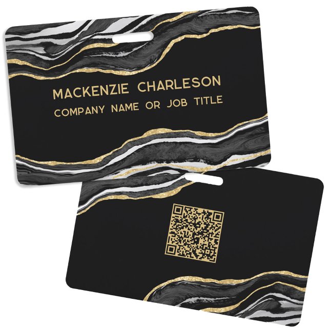 Crachá Black Marble Agate Geode Business Nome do Código Q (Black marble agate geode gold glitter effect business name badge with QR code)