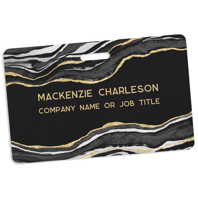 Crachá Black Marble Agate Geode Dourado Business Name (Black marble agate geode gold glitter effect business name badge)