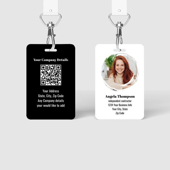 Crachá Black Modern Employee Photo QR Code Badge (Black and white modern business ID badge. with photo and QR code.)
