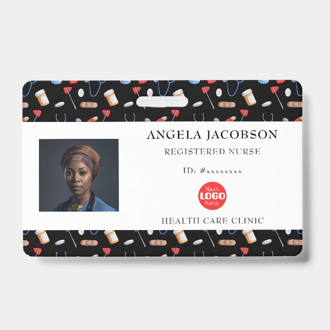 Crachá Black Pattern Nurse Healthcare Logo Horizontal ID (Frente)