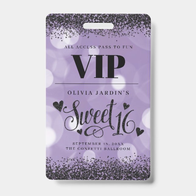 Crachá Black & Purple Glam Sweet 16 (Frente)