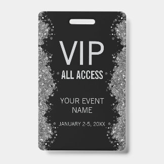 Crachá Black Silver Glitter Event VIP All Access Pass ID