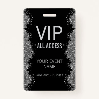 Crachá Black Silver Glitter Event VIP All Access Pass ID 