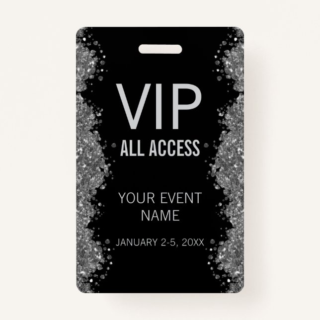 Crachá Black Silver Glitter Event VIP All Access Pass ID  (Frente)