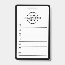Crachá Black White Monogram Name To Do List Whiteboard