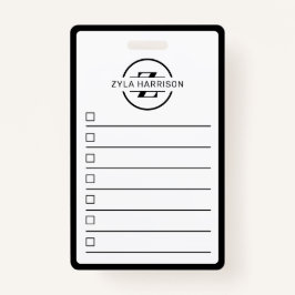Crachá Black White Monogram Name To Do List Whiteboard