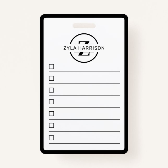 Crachá Black White Monogram Name To Do List Whiteboard (Frente)