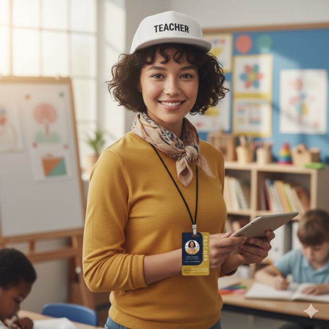 Crachá Blue Brown Teacher Name Badge with QR and Photo (Blue Brown Teacher Name Badge with QR and Photo)