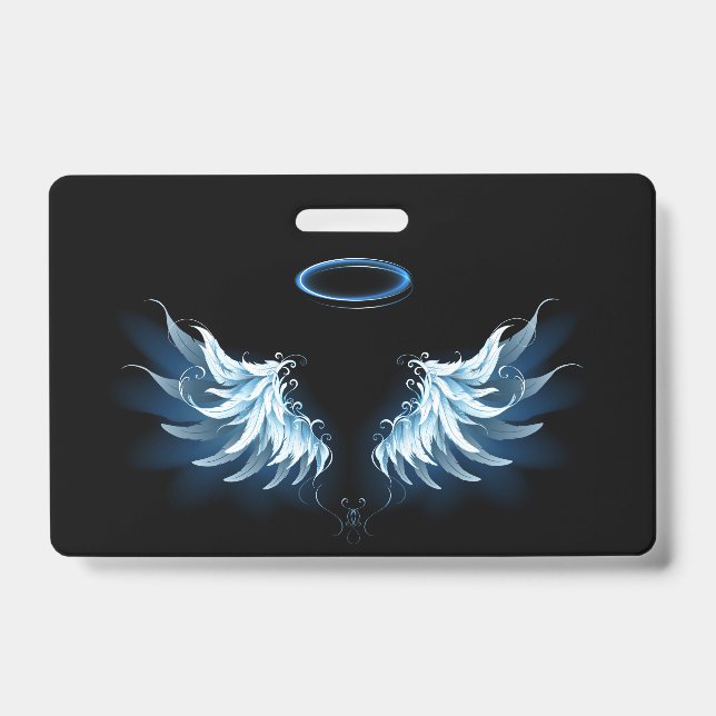 Crachá Blue Glowing Angel Wings on black background (Frente)