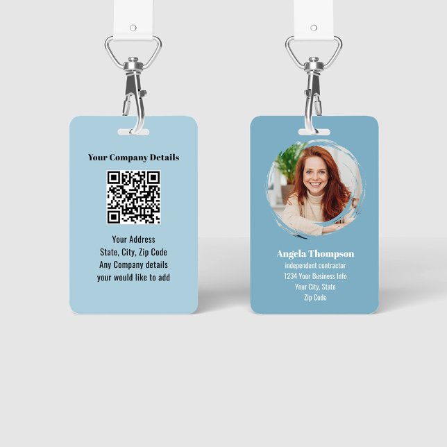 Crachá Blue Modern Photo QR Code Employee (Blue photo business ID Badge.)