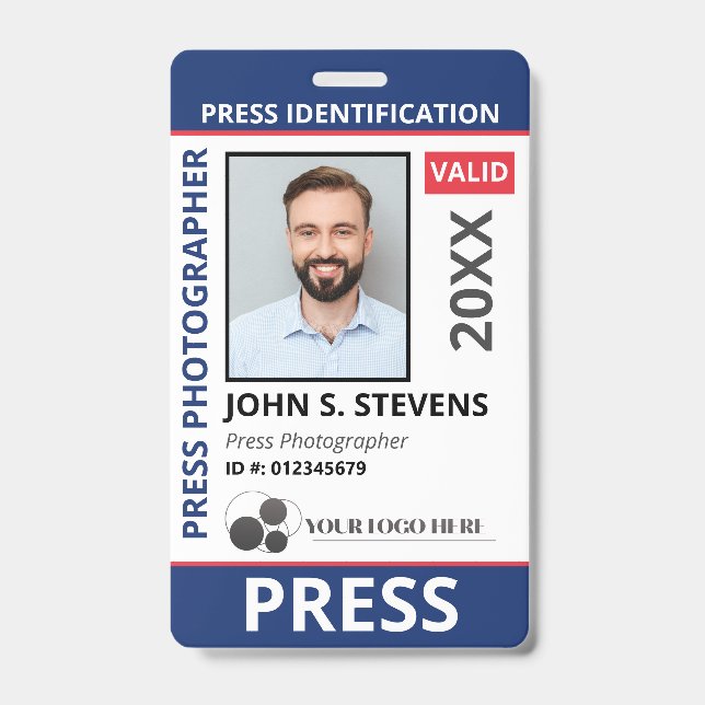 Crachá Blue Red Photo & Logo Press ID QR Code (Frente)