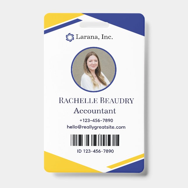 Crachá Blue & Yellow Modern Business ID Card (Front)