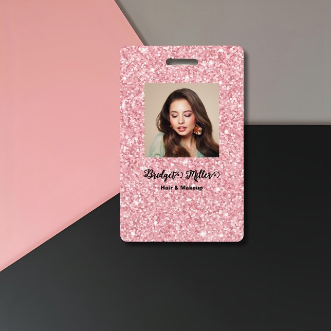 Crachá Blush Glitter hair salon elegant script photo (Criador carregado)