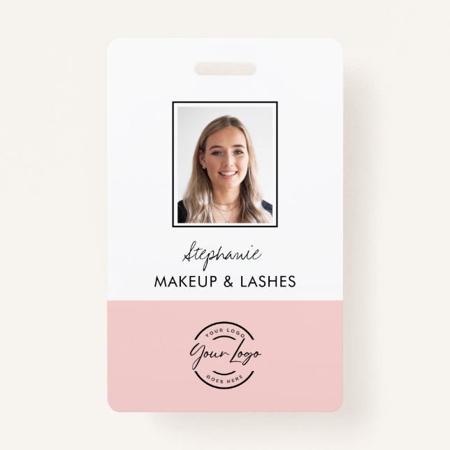 Crachá Blush Pink Script Logo Employee Photo Makeup (Frente)