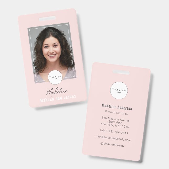 Crachá Blush Pink Script Logo Photo Makeup (Front & Back)