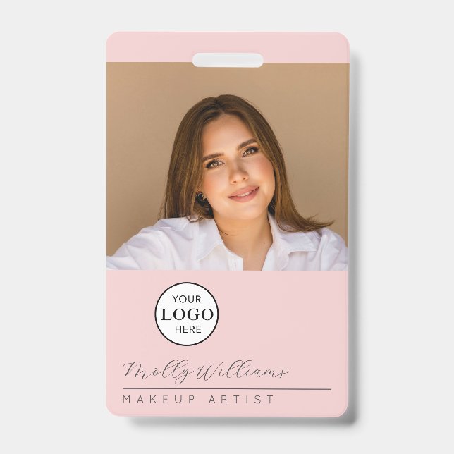 Crachá Blush Pink Script Logo Photo Makeup Badge (Frente)