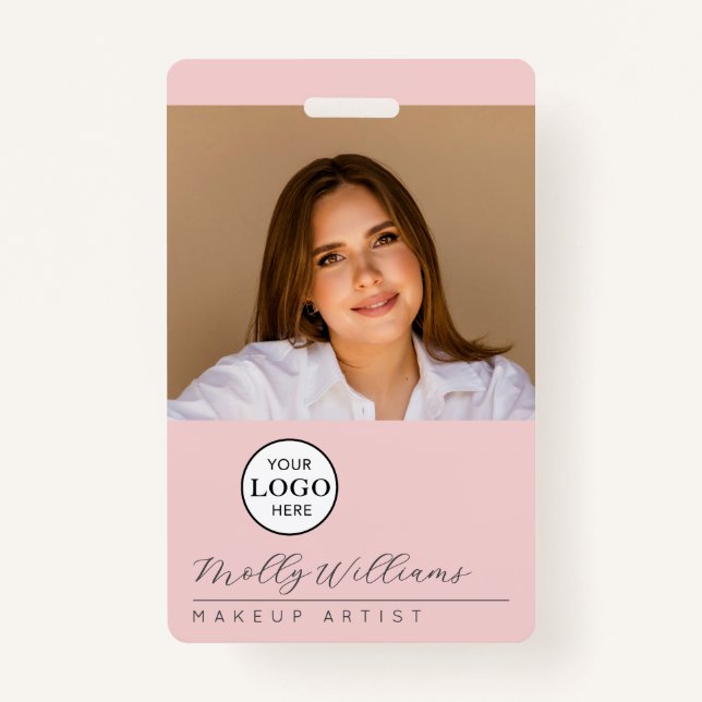 Crachá Blush Pink Script Logo Photo Makeup Badge (Frente)