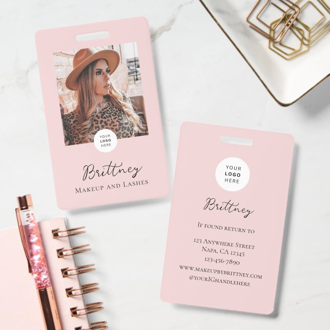 Crachá Blush Pink Script Logo Photo Makeup Badge Custom (Escritório)