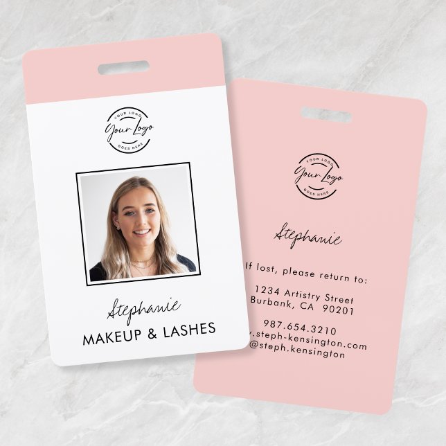 Crachá Blush Pink Script Logo Photo Makeup Employee ID (Criador carregado)
