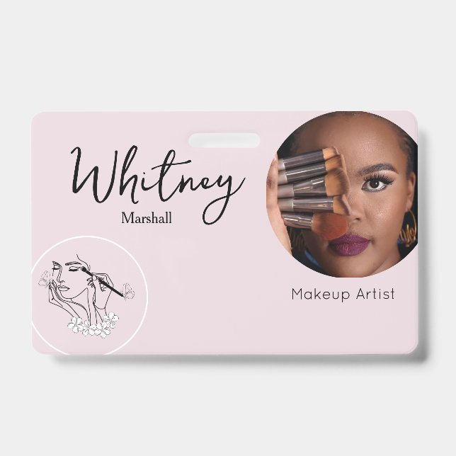 Crachá Blush Pink Script Photo Logo Makeup Artist Name  (Frente)